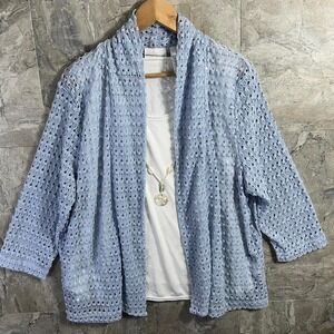 Alfred Dunner blue eyelet cardigan W/white under shirt & built in necklace Sz L